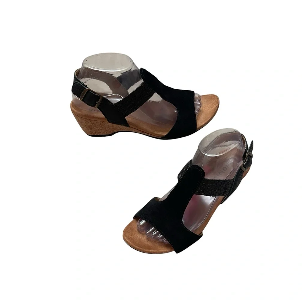 Vionic Kaytie Black Leather Suede T-Strap Wedge Sandal Womens size 8